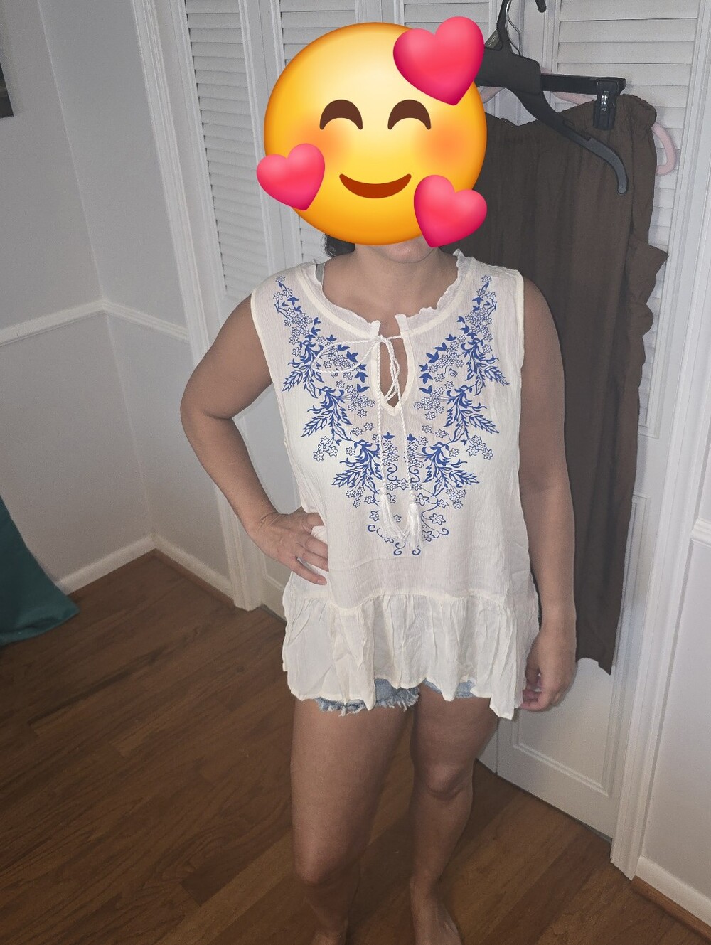 Cream Sleeveless Embroidered Camisole with Blue Floral Detail